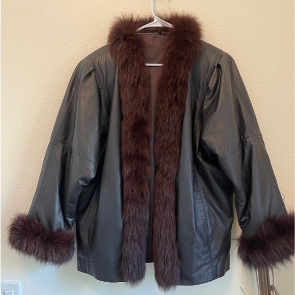 Vintage Jackets & Blazers - Vintage 1980’s Leather Fox Tail Fur coat Shawl Collar Cuffs Finland fur trimmed